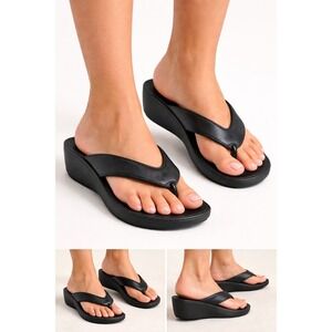 Aerothotic Black Wedge Flip Flop Sandal Women Sz 39 arch support comfort plantar
